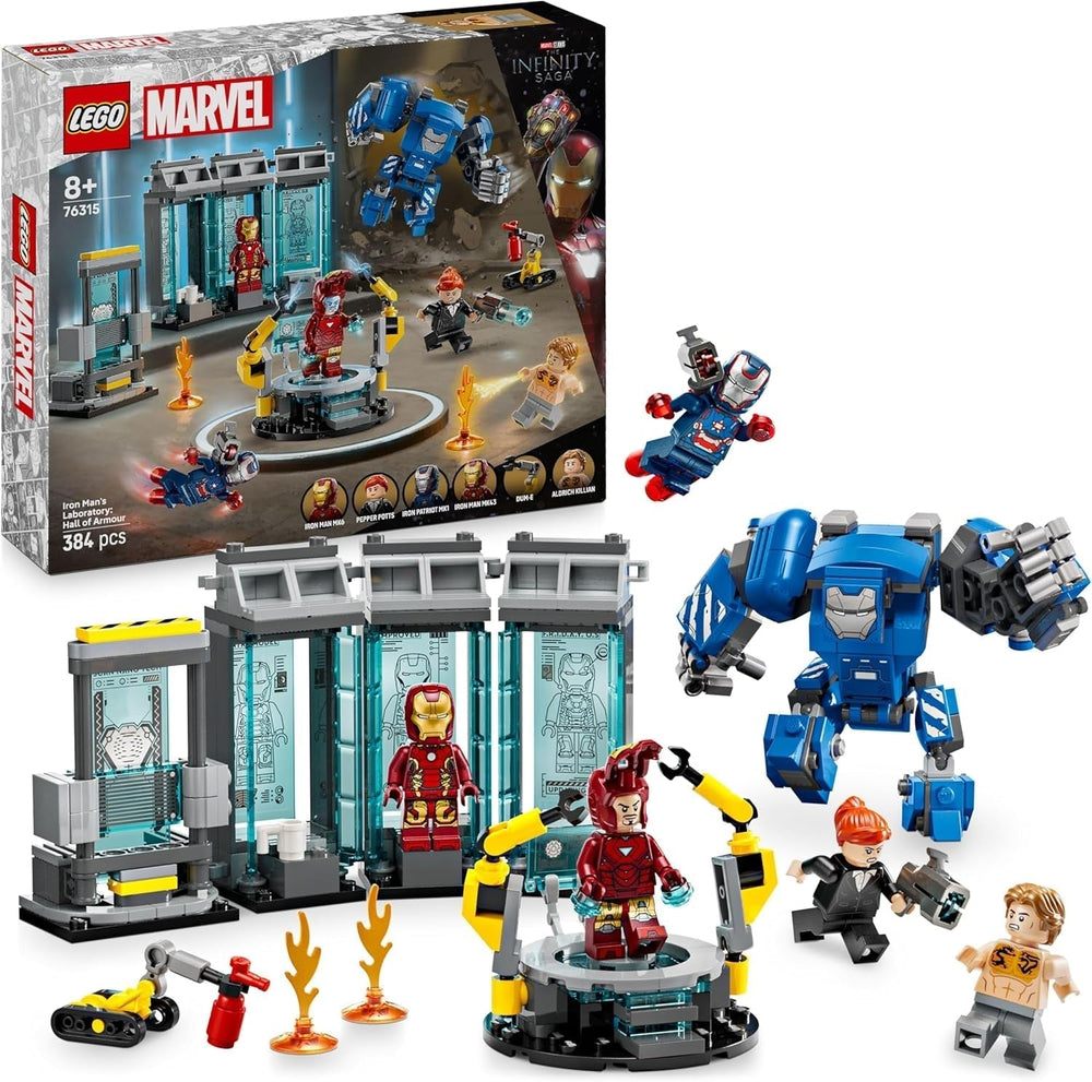 LEGO Marvel Iron Man's Laboratory: Páncélcsarnok – Szuperhős játék mech figurával, 5 minifigura, köztük Aldrich Killian – Bosszúállók ajándék fiúknak és lányoknak 8 év felett 76315 Építőkészletek Beuche den LEGO-Store alapcím
