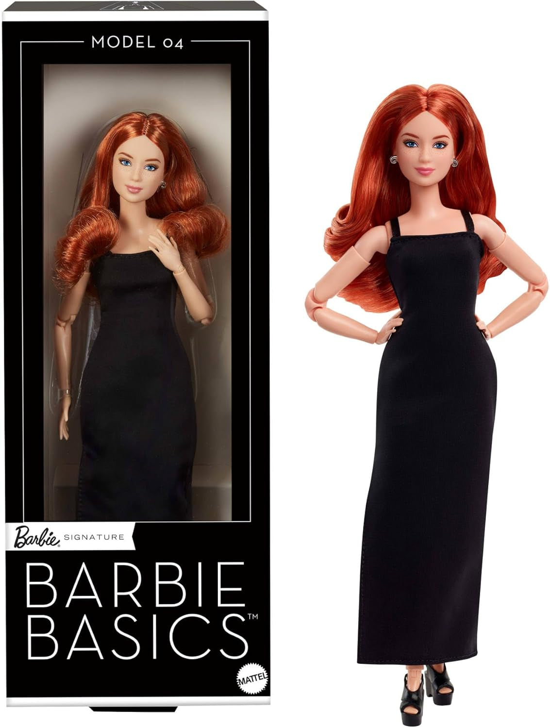 Barbie Basics-Modell 4, Sammlerpuppe mit roten Locken, schwarzem Minikleid und Stiefeln, Mode in universeller Passform, beweglichem zierlichen Körper und austauschbarem Kopf, JBH74