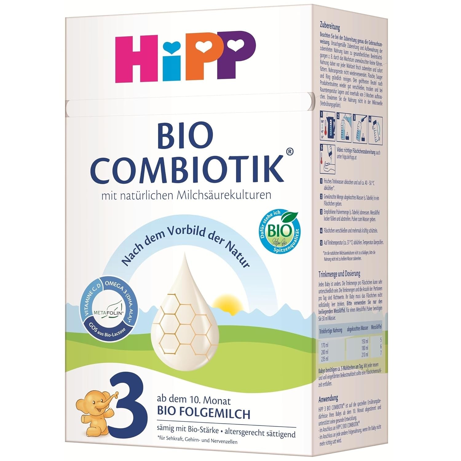 HiPP 3 Organic Combiotik (4 x 600 g), anyatej 10 hónapos kortól, természetes tejsavkultúrákkal, C- és D-vitaminnal, GOS-szal, Omega-3-mal (DHA, ALA), a legjobb bio minőséggel