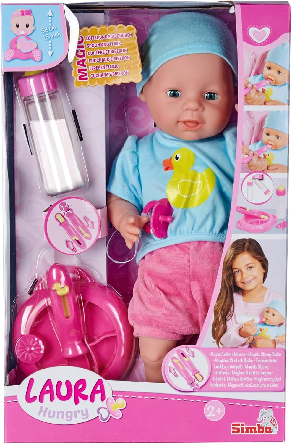 Simba 105010964 - Laura Hungry puha testű baba próbababával, varázskanállal, eltűnő üveggel és kistányérral, 38cm, baba 2 éves kortól Naty Shop Single Dolls