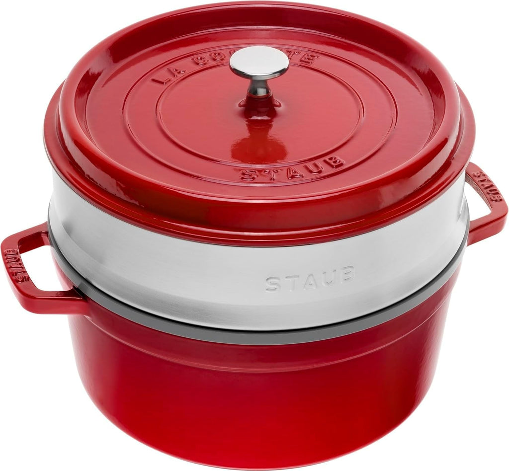 STAUB Gusseisen Bräter/Cocotte, Mit Dämpfeinsatz Aus Edelstahl, Rund 26 Cm, 5,2 L, Aromaregen Funktion Für Optimale Befeuchtung, Für Alle Herdarten Inkl. Induktion & Backofen, Kirschrot, Rot Matrite si tavi pentru copt Naty Shop Rot