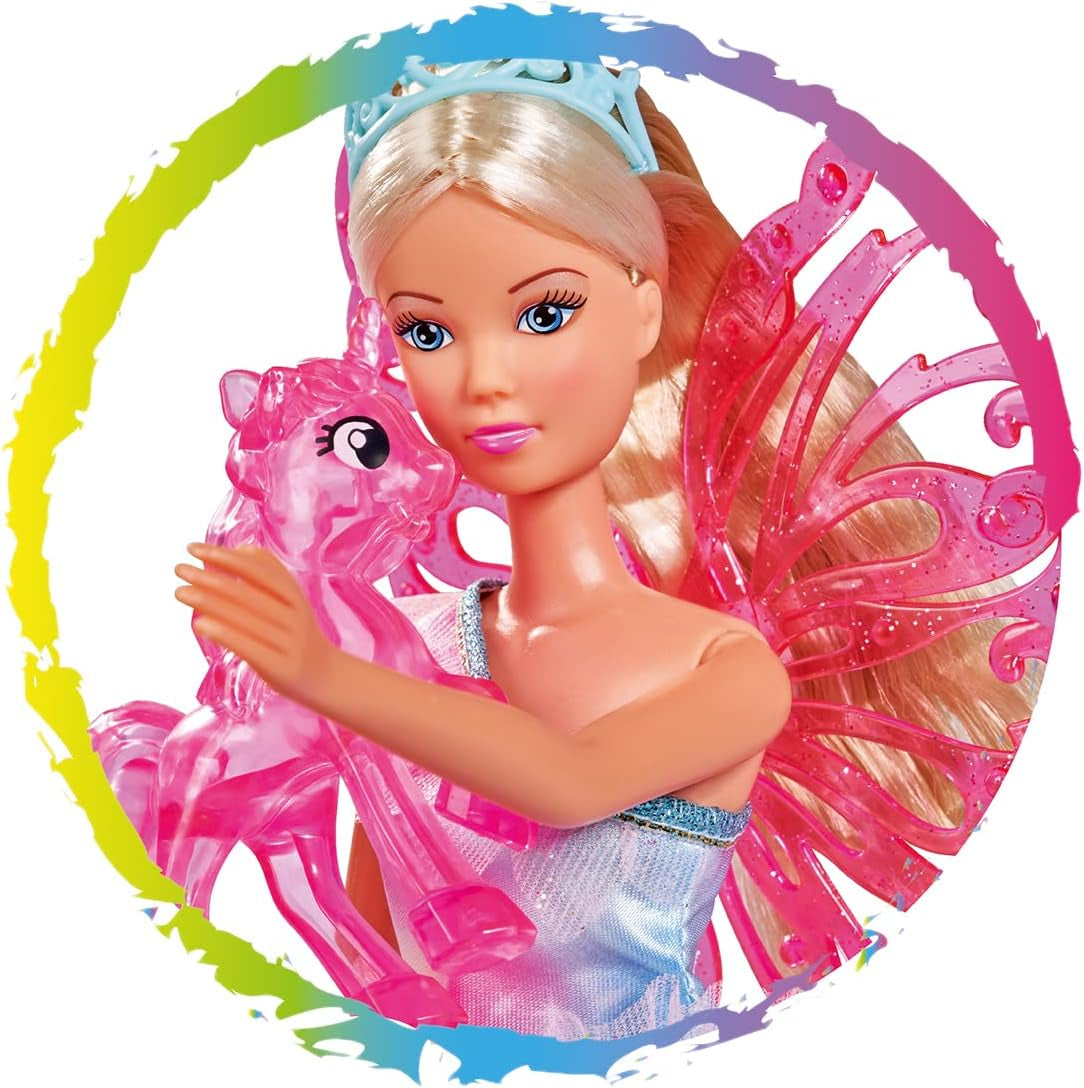 Simba 105733587 - Steffi Love Unicorn Fairy, Ankleidepuppe als Fee mit abnehmbaren Flügeln, mit Einhorn, 29cm Puppe trägt EIN Bezauberndes Pastell Glitzerkleid, ab 3 év