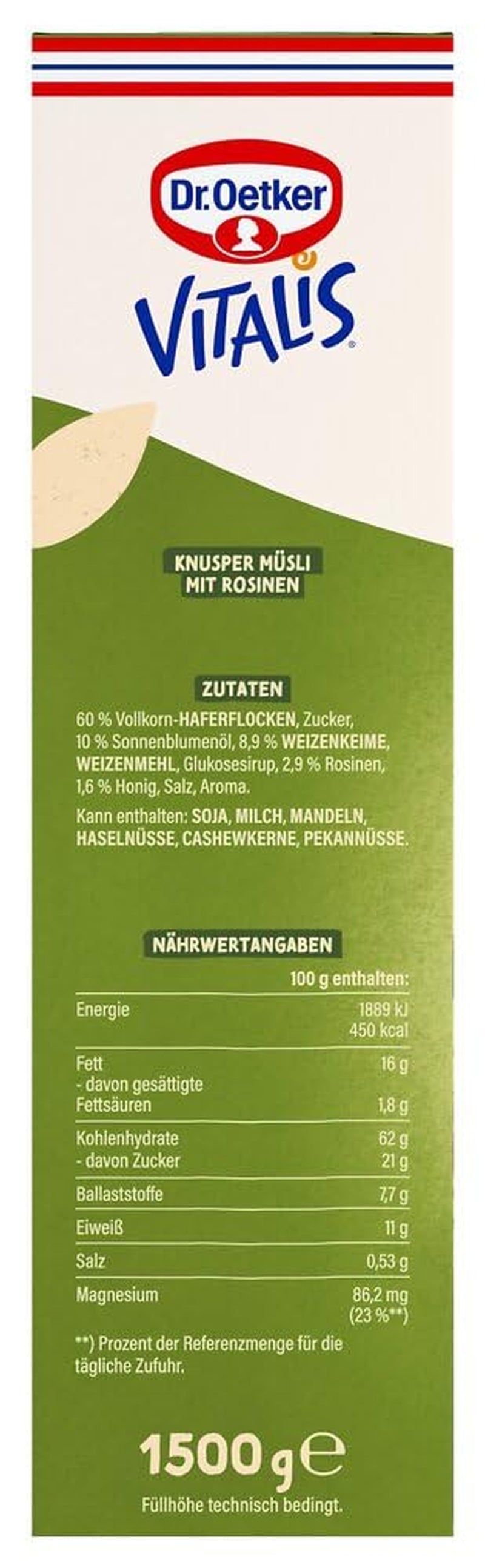 Dr. Oetker Vitalis klasszikus ropogós müzli: nagy csomag ropogós reggeli müzli mazsolával, 1 csomag, 1,5 kg