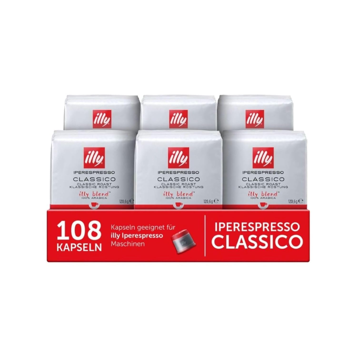 illy, Iperespresso Kapseln CLASSICO, 100 % Arabica mit Noten von Orangenblüten und Jasmin, Sanfter Geschmack und Süßer Nachgeschmack, 6 Packungen à 18 Kapseln (Insgesamt 108 Kapseln)