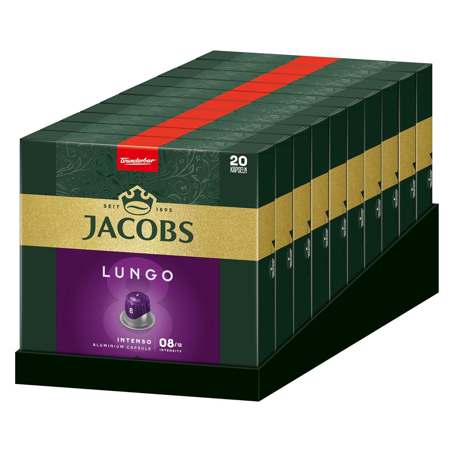 Jacobs Kaffeekapseln Lungo Intenso, Intensität 8/12, 10 x 20 Getränke, Nespresso* kompatible Kaffee Kapseln, 200 Kapseln
