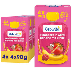 Gyümölcs, málna, alma, banán és tönköly préselhető tasakok - 16 darab (4, 4 x 90 g-os csomag), hozzáadott cukor nélkül, lágy gyümölcsből és egészséges gabonákból készült, ideális elvitelre és saját fogyasztásra