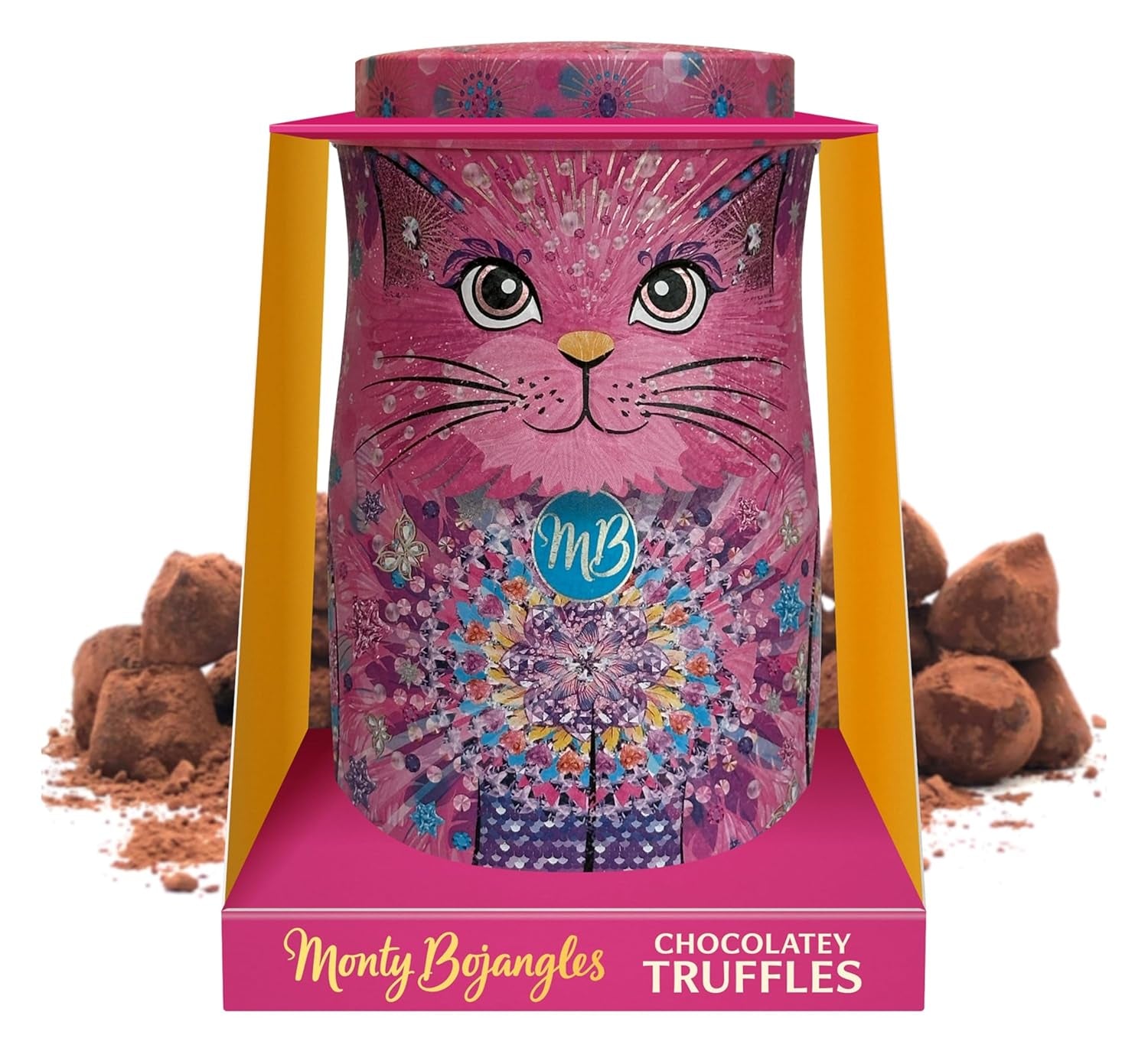 Monty Bojangles Savanna Gold csokoládé szarvasgomba (135 g) kakaóporos praliné ajándék szett egyedi macska design gyűjtődobozban, flutter skót ízben