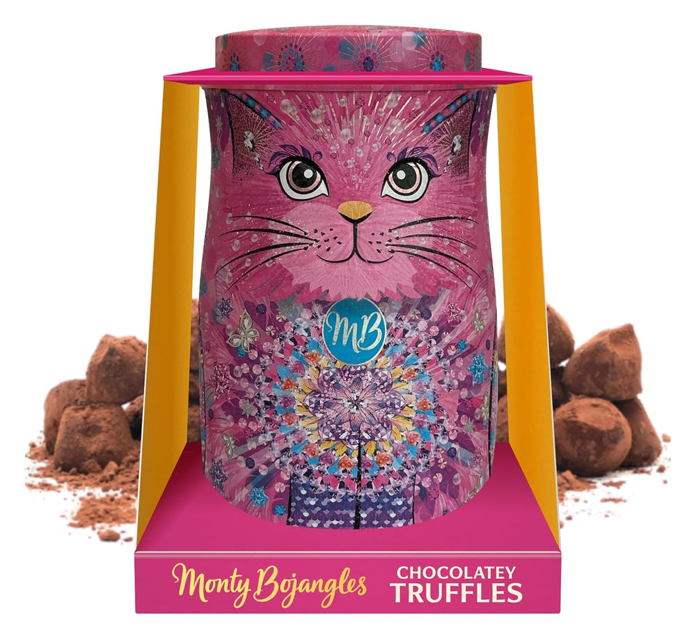Monty Bojangles Savanna Gold csokoládé szarvasgomba (135 g) kakaóporos praliné ajándék szett egyedi macska design gyűjtődobozban, flutter skót ízben