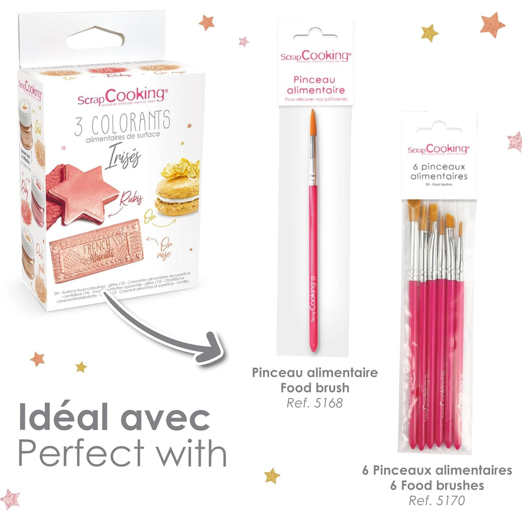 Scrapcooking - Set de 3 coloranți alimentari metalici - Colorant alimentar: auriu, auriu roz și rubin - Colorant alimentar comestibil pentru copt, prăjituri, fursecuri, torturi, ciocolată - 4019