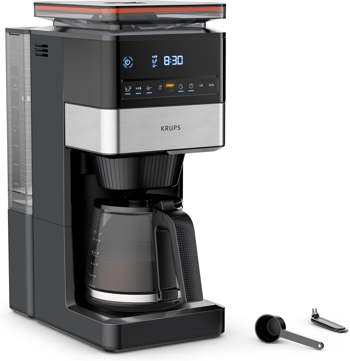 Espressor KRUPS Grind Aroma XL, râșniță conică detașabilă, panou de control digital, capacitate XL (1,5 l), funcție de menținere la cald, carafă din sticlă, negru/oțel inoxidabil, KM842810