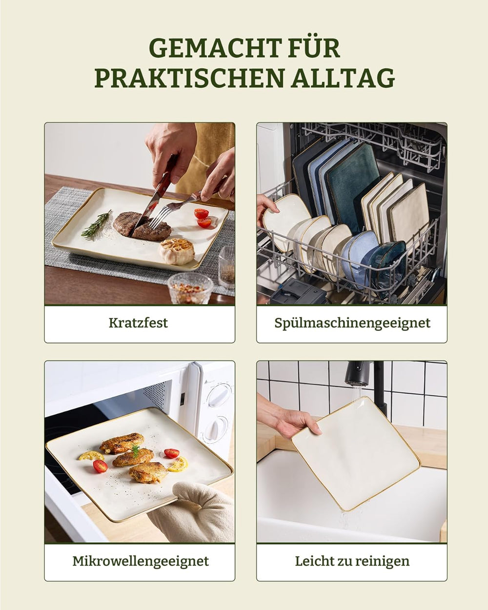 Set de veselă din gresie pentru 6 persoane, seria Ocean, set de veselă pătrată cu 18 piese, set de farfurii, serviciu combinat cu glazură reactivă, veselă rezistentă la zgârieturi, bej