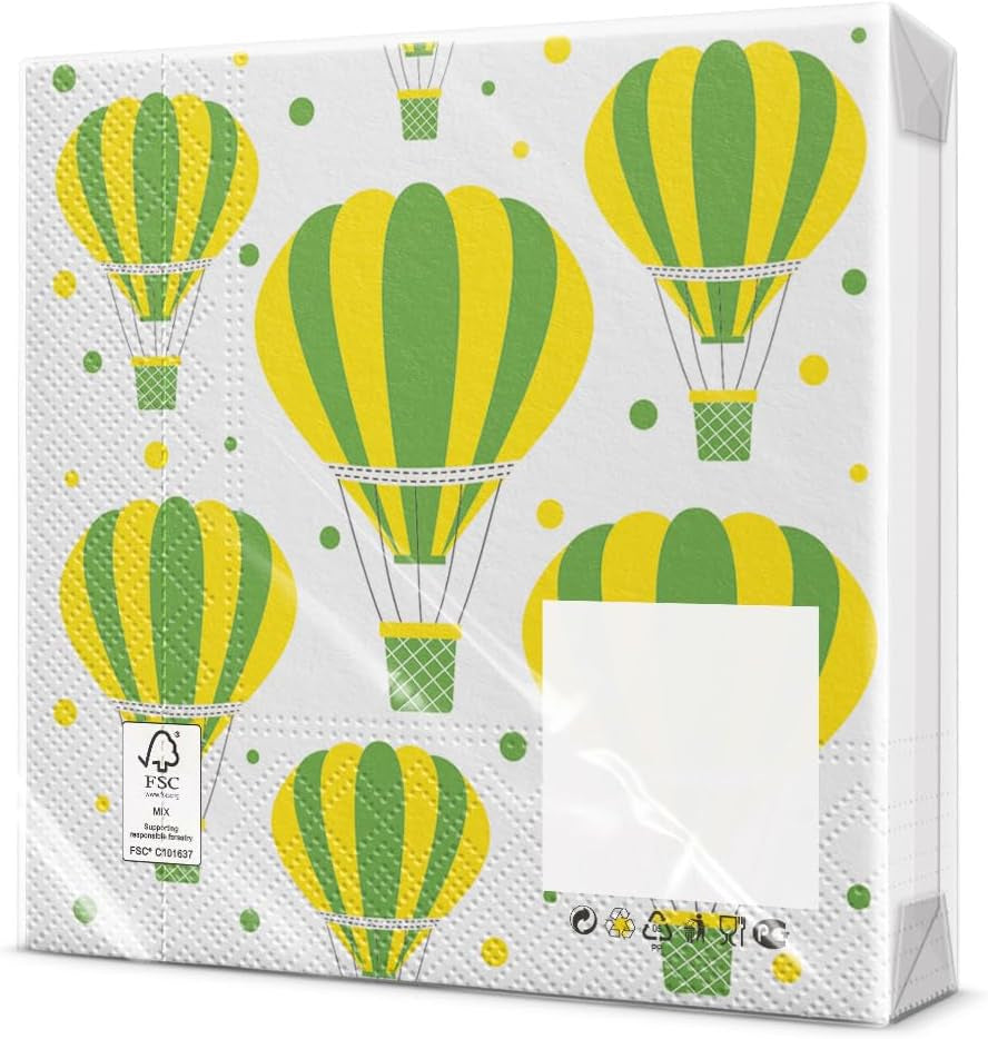 PAW - Șervețele față-verso 3 straturi (33 X 33 cm) I 20 bucăți I Perfect pentru zile de naștere, petreceri, nunți, comuniuni, sărbători I Decorațiuni de masă imprimate pe ambele părți - Flori boho păsări I Baloane dungate