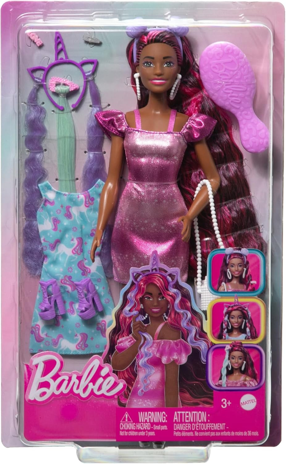 Păpușă Barbie, păr distractiv și elegant, cu păr negru extra lung și colorat și rochie roz strălucitoare, 10 accesorii de coafat și modă, JDC86