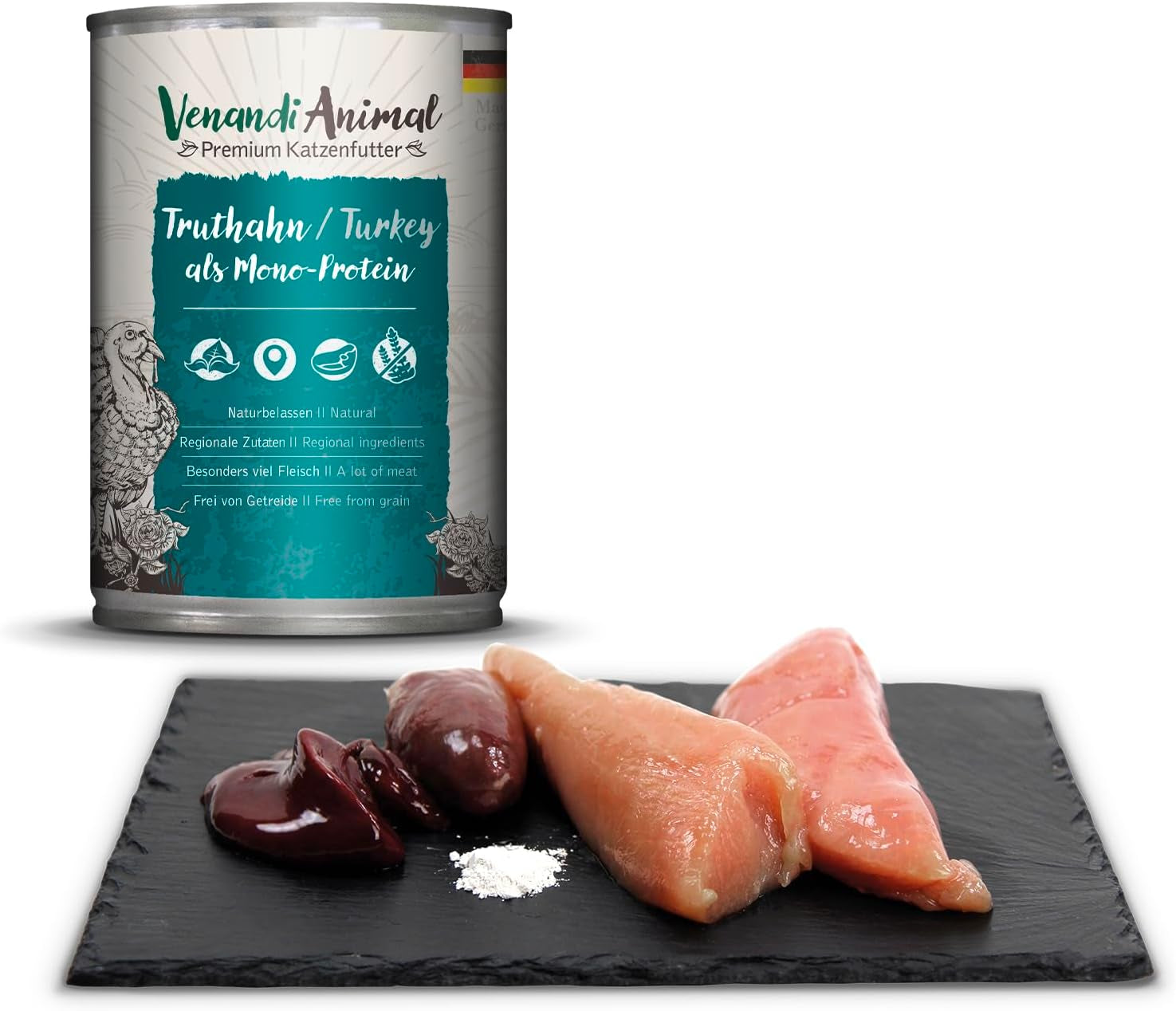 Venandi Animal Premium Nassfutter für Katzen, Probierpaket II, Huhn + Kaninchen, Kalb, Truthahn, 6 x 400 g, getreidefrei und naturbelassen, 2.4 kg
