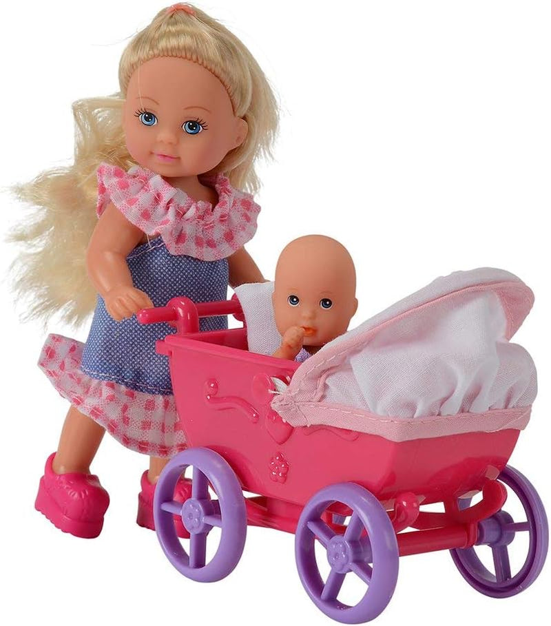 Simba 105736241 - Evi Love Doll Walk, 2-sort., Evi Puppe mit Babypuppe, mit Puppenwagen, inklusive Zubehör, Ankleidepuppe, 12cm, für Kinder ab 3 Jahren