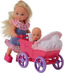 Simba 105736241 - Evi Love Doll Walk, 2-sort., Evi Puppe mit Babypuppe, mit Puppenwagen, inklusive Zubehör, Ankleidepuppe, 12cm, für Kinder ab 3 Jahren