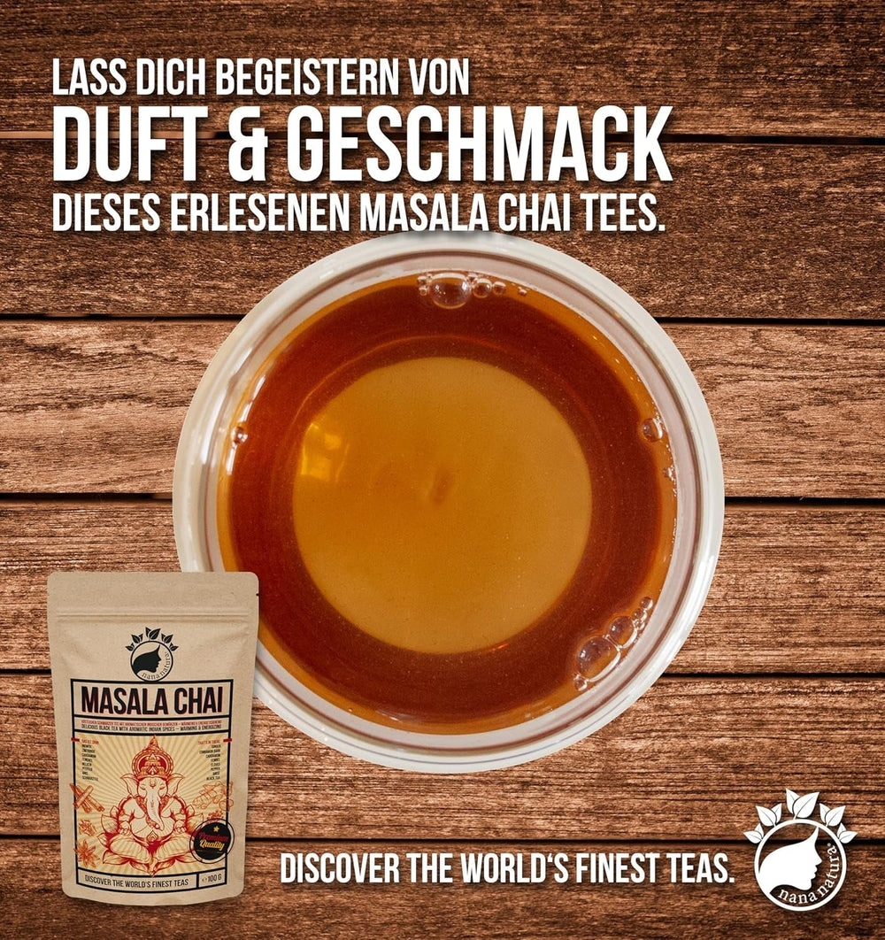 Nananatura'S MASALA CHAI TEE 100G | Perfect pentru ceai chai, chai latte cu lapte sau chai rece | 100% natural | Ceai negru delicios cu condimente indiene aromate | Încălzitor și energizant