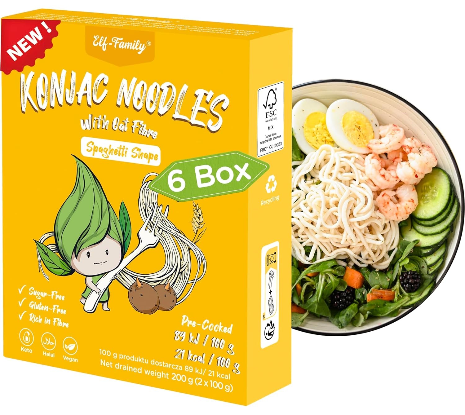Prémium konjac tészta Thaiföldről, vegán, gluténmentes - 240 g x 6-os csomag (12 csomag), Elf-Family Shirataki tészta, instant tészta, tészta/keto/alacsony szénhidráttartalmú/alacsony kalóriatartalmú/cukormentes - spagetti és fettuccine
