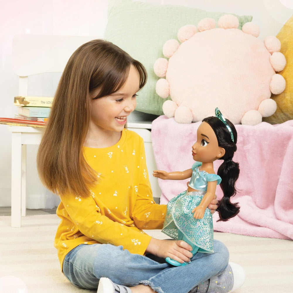 Disney Princess Jasmin Puppe 35 cm, reflektierende Glitzeraugen, bewegliche Gelenke, ausziehbares Outfit, Schuhe, Krone, langes geflochtenes Haar, für Mädchen ab 3 Jahren