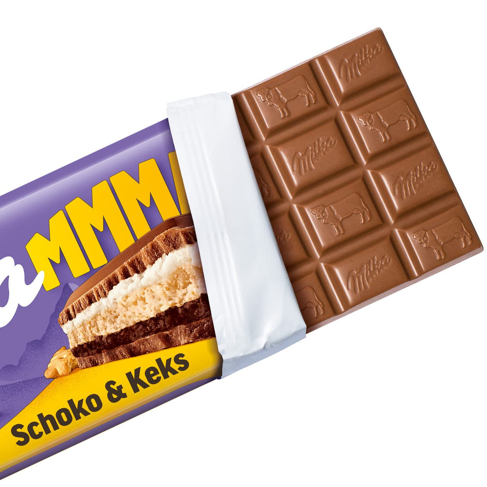 Milka Mmax csokoládé és keksz – alpesi tejcsokoládé tejszínes töltelékkel és ropogós kekszdarabokkal – 300g