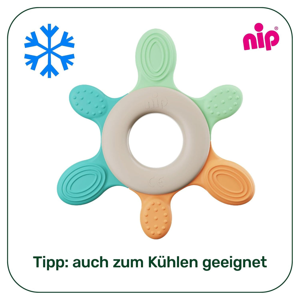 nip – Inel de dentiție | Inel de dentiție sustenabil pentru bebeluși de la 3 luni, fabricat din peste 65% materii prime naturale. Pentru masajul ușor al gingiilor, limbii și dinților | Roșu/Verde/Portocaliu