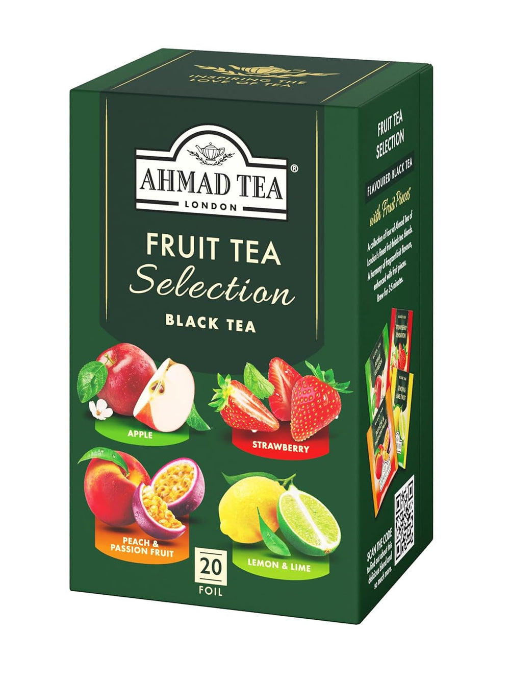 Ahmad Tea - Fruit Tea Selection - Sortiment de ceaiuri de fructe din ceai negru - Măr, piersică și fructul pasiunii, căpșuni, lămâie și lime - Ambalate individual și sigilate pentru păstrarea aromelor - 20 pliculețe de ceai cu bandă