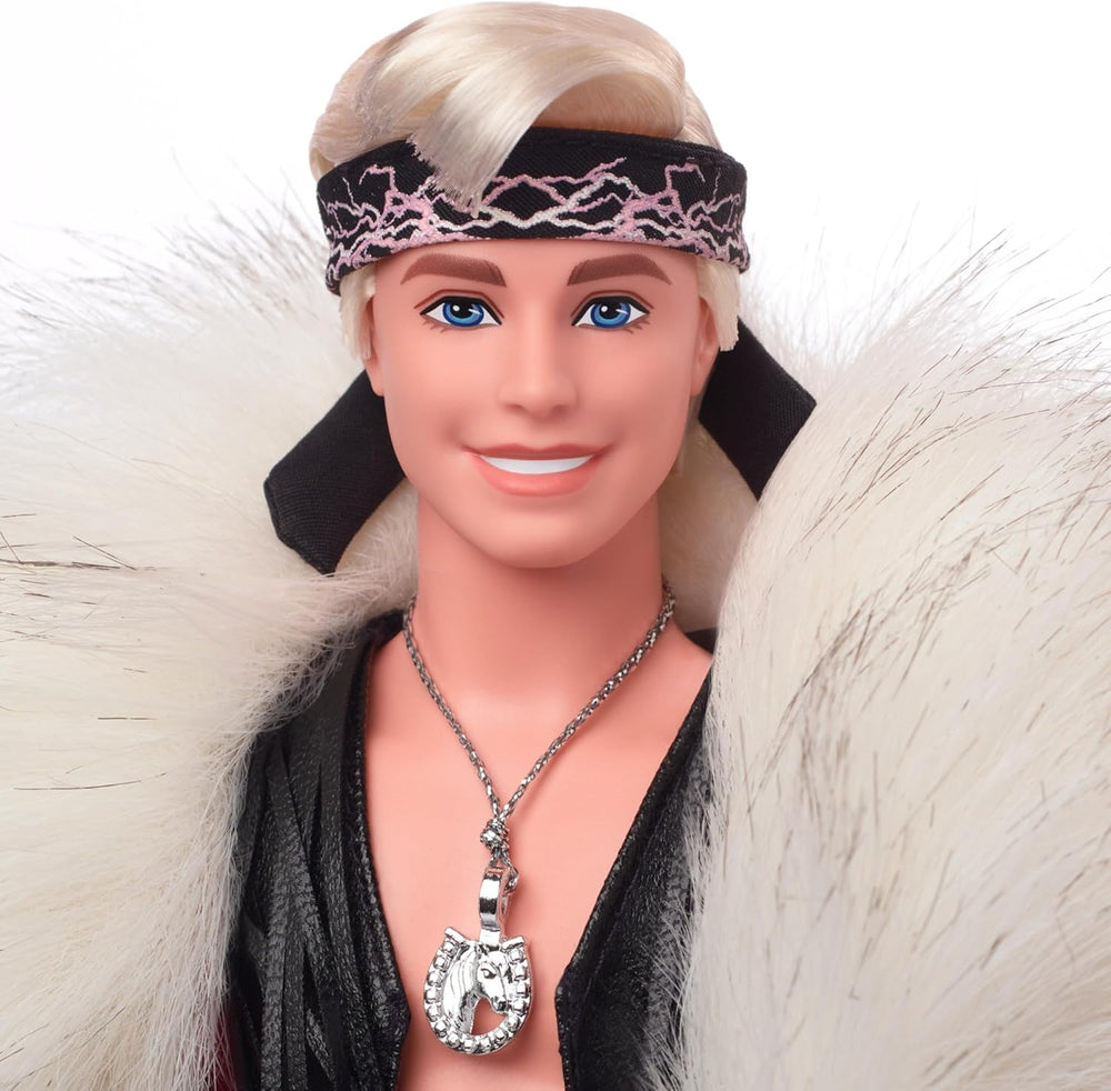 Barbie The Movie Collectible Ken Doll Wearing Big Faux Fur Coat and Black Fringe Vest with Bandana, HRF31
