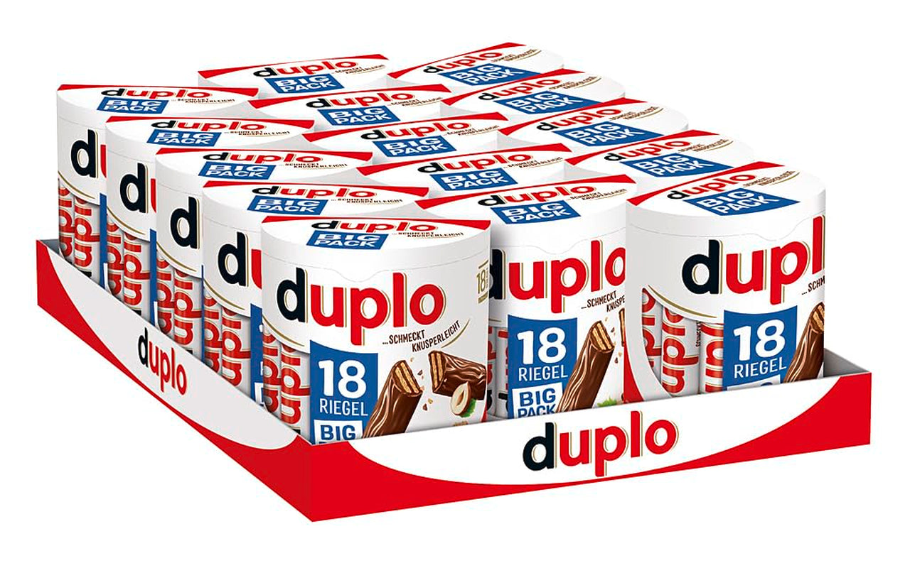 Ferrero duplo nagy csomag - Csokoládészeletek finom nugátkrémmel, ropogós ostyával és finom tejcsokoládéval - Farsangi és Mardi Gras édességek - 15 csomag, 18 darab, külön-külön csomagolva