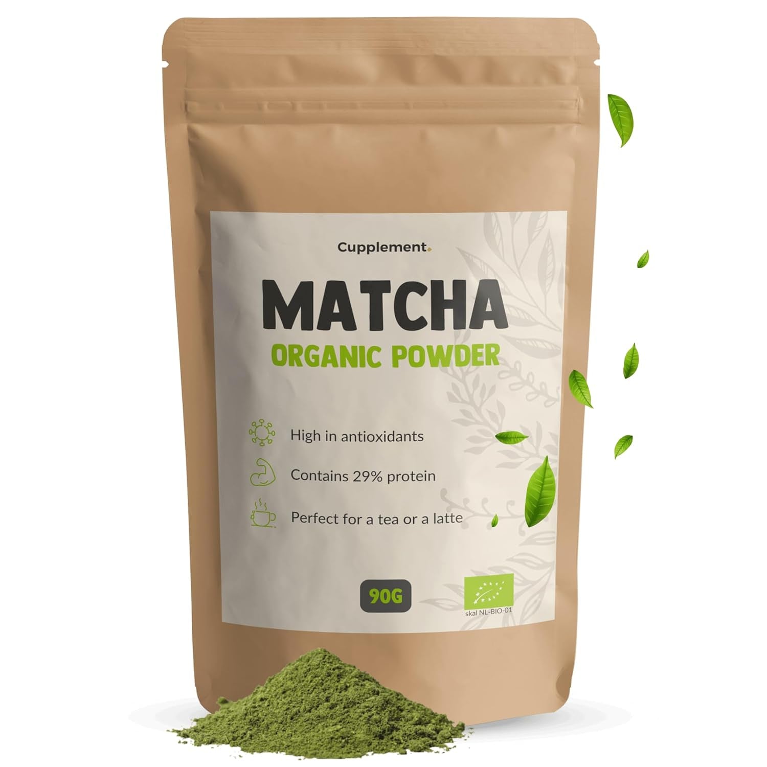 Cupplement Matcha 90 grame bio - Ceai verde pudră de cea mai înaltă calitate - Fără bătător de bambus și tel - Culunary - Set pentru începători - Latte - Bătător - Japonia - Pudră - Ceai - Tel - Pungă - Smoothie