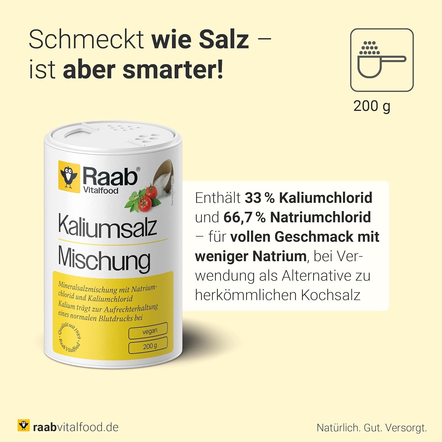 Raab Vitalfood Kalium salt-Mischung, Mineralsalzmischung mit 66,7% Natriumchlorid (Kochsalz) és 33% Kaliumchlorid, Kalium trägt zur Aufrechterhaltung eines normalen Blutdruck bei (1 x 200 g adag)