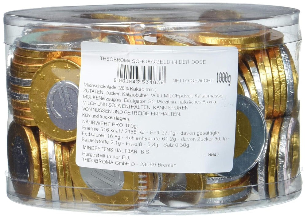 Theobroma Goldgeld Schokoladen Euro, Lose Münzen in Der Dose, 1 Er Pack (1 X 1 Kg) Naty Shop Euros