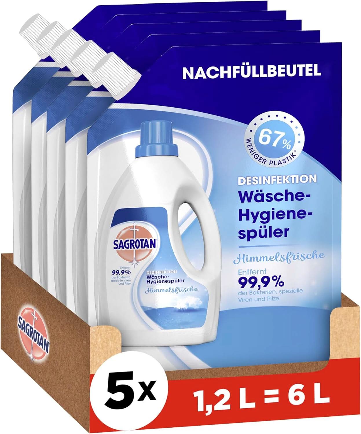 Sagrotan Mosószer a mosodai higiéniához Sky Fresh Refill - fertőtlenítő hatás, a higiénikusan tiszta és friss ruhaneműért Mosószerek Naty Shop Set 5 x 1,2 liter