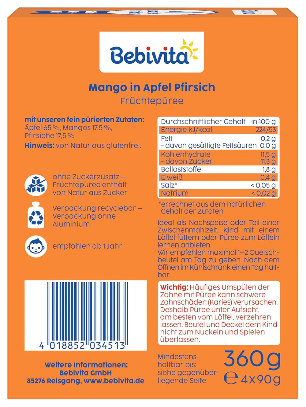 Mangó alma őszibarackos kinyomható tasakok - 16 csomag (4 csomag, 4 x 90 g mindegyik), hozzáadott cukor nélkül, gluténmentes, ideális csomagolt snackekhez és útközben