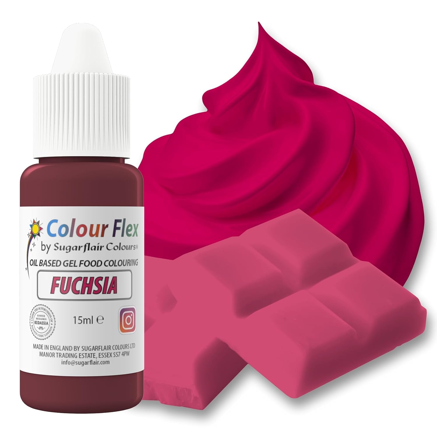 Colorant alimentar pe bază de ulei Sugarflair Colourflex Fuchsia, colorant alimentar lichid foarte concentrat, colorant alimentar pentru cremă de unt, ciocolată, aluat, fondant, glazură și multe altele - 15 ml