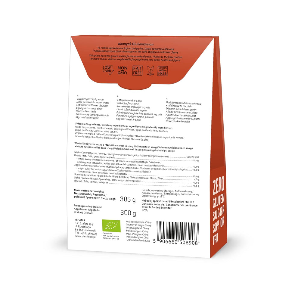 Fettuccine Konjac Noodles Bio Shirataki diétás étel - 300g, alacsony szénhidráttartalmú, cukormentes, keto, vegán, alacsony kalóriatartalmú, glutén- és tojásmentes, Konjac lisztből készült