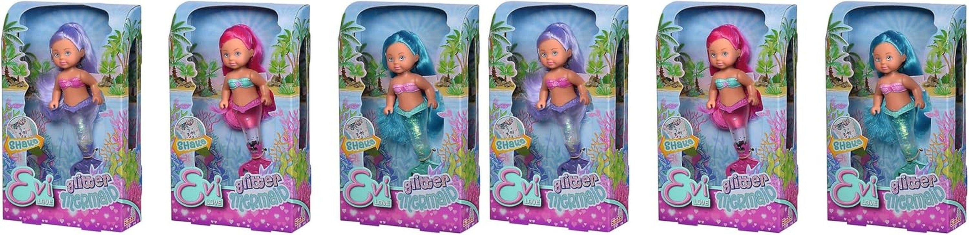 Simba 105733482 - Evi Love Glitter Mermaid, Puppe als Meerjungfrau mit Schwanzflosse, die beim Schütteln glitzert, Es Wird nur EIN Artikel geliefert