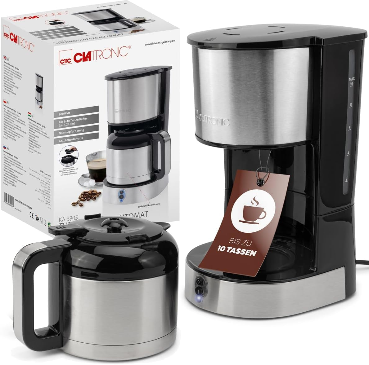 Cafetieră Clatronic® cu carafă termos pentru 8–10 cești de cafea (aprox. 1,2 l) | Cafetieră cu filtru din oțel inoxidabil | Carafă termos cu pereți dubli | Fără pierderi de temperatură | Cafetieră de 800 W | KA 3805