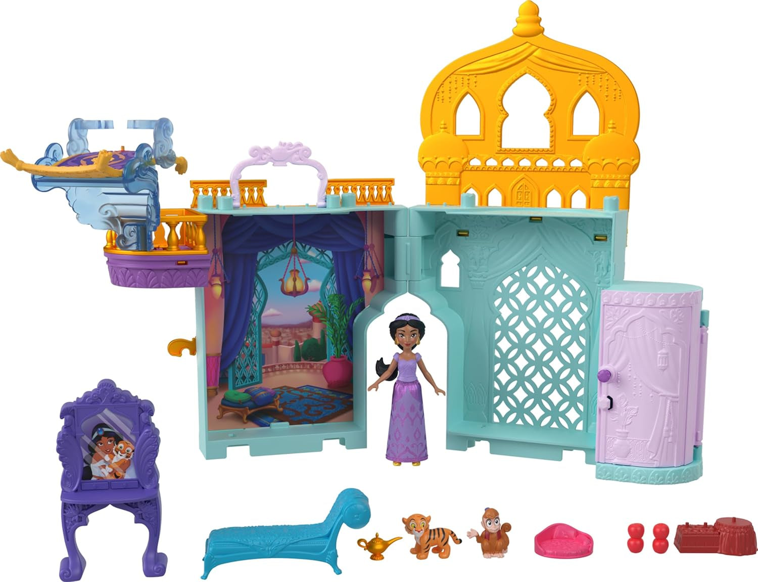 Mattel Disney Prinzessin Verwandlungs-Spielset Kutsche zu Schloss mit kleiner Puppe Aurora, 3 Ebenen, 6 Spielbereichen, 4 Figuren, Möbeln & Zubehör HWX17