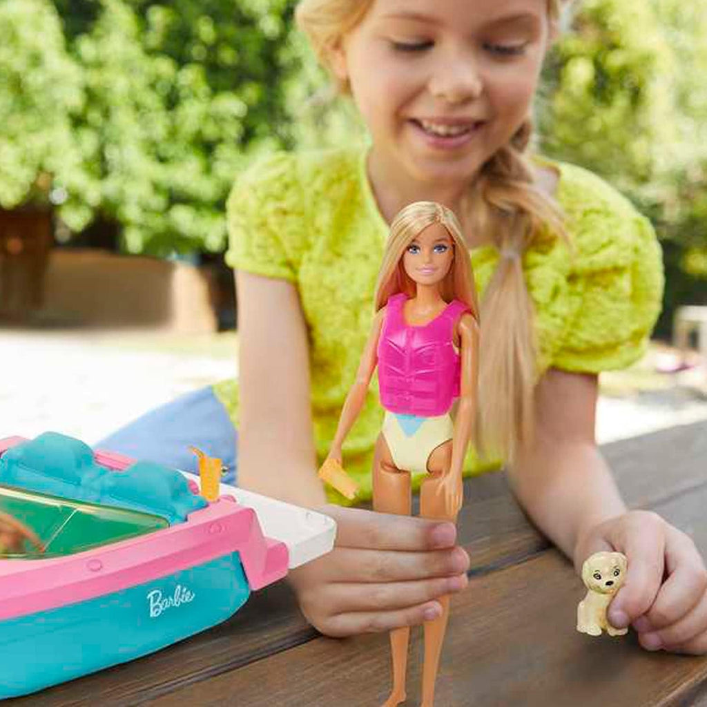 Barbie Speedboat Set, păpușă Barbie cu păr blond, vestă de salvare roz, barcă, cățel, accesorii, cadouri pentru copii cu vârsta peste 3 ani, Grg30 Papusi Naty Shop