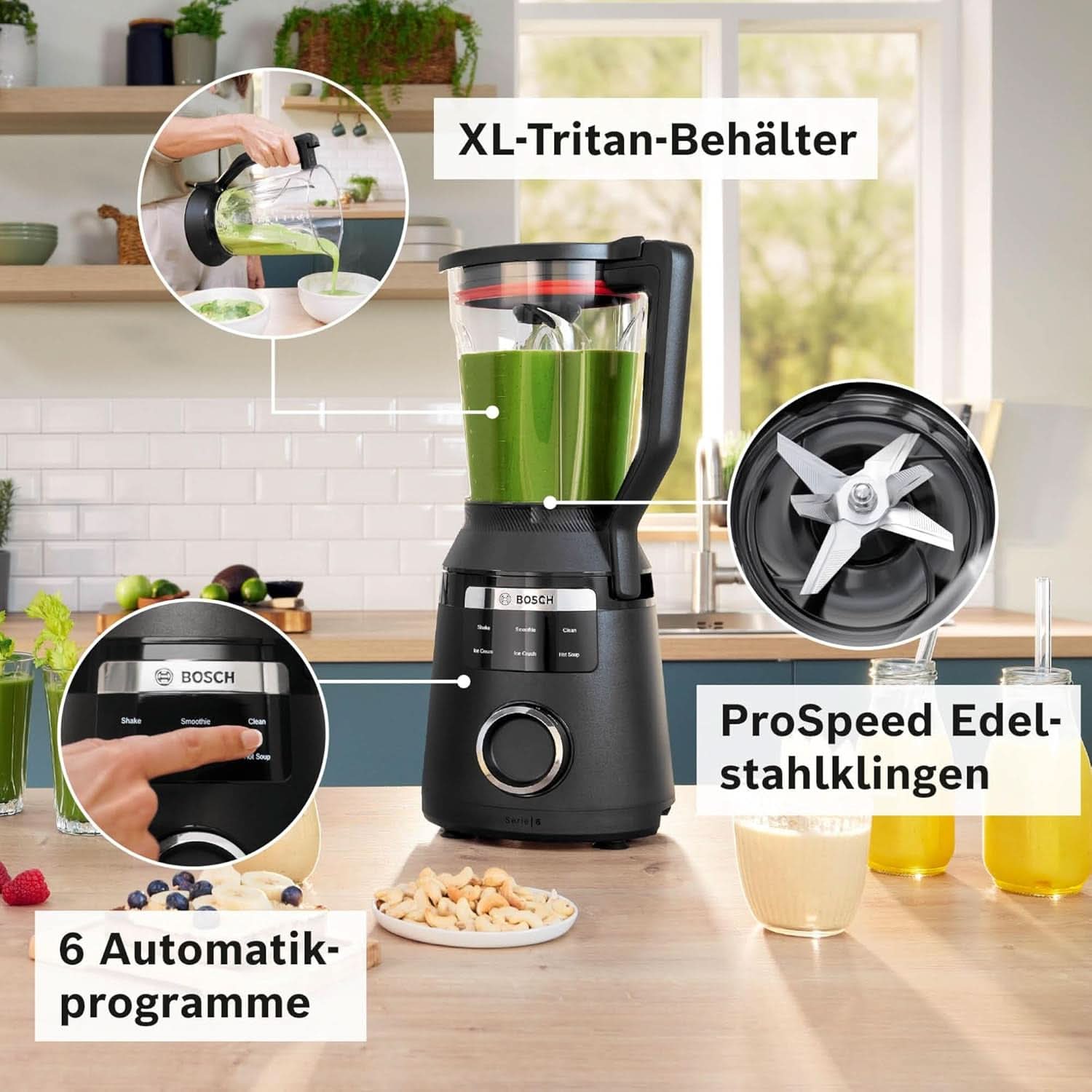 Highspeed-Standmixer Vitapower Serie 6 MMBD665B1, 45 000 U/min, 6 program Inkl Heiße Suppe & Reinigung, 2 L Mixbehälter, Stopfer, Spülmaschinenfeste Teile, Made in Europe, 1800W, Shop Schwarz Kitchen Naty