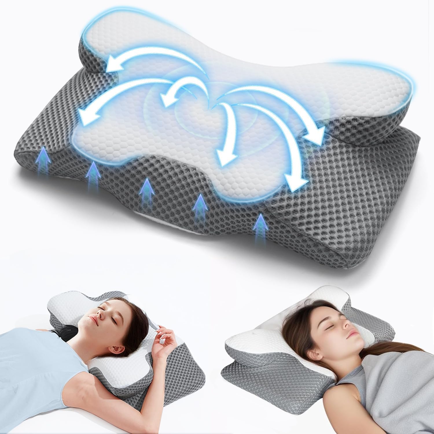 Pernă pentru gât 2 în 1 Pernă, pernă cu spumă de memorie, pernă ortopedică ergonomică, 2 înălțimi de dormit, pernă de sprijin pentru gât pentru sprijin lateral / spate / burtă Perne ortopedice cervicale Naty Shop Gri