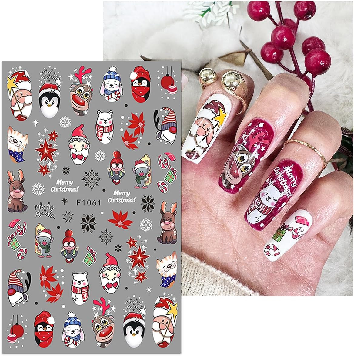 JMEOWIO Nagelsticker Weihnachten 10 Blatt Nail Art Sticker Selbstklebend Nagelaufkleber Schneeflocke Winter Urlaub Süß Dekoration Nageldesign Zubehör