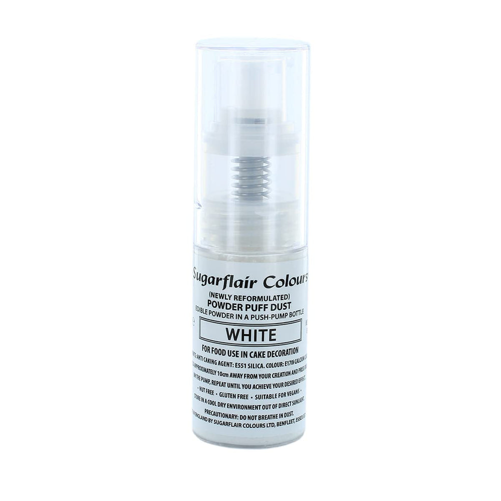 Spray pudră cu pompă Sugarflair, alb - colorant alimentar pentru decorarea torturilor, spray fără aerosoli pentru torturi, brioșe și multe altele - 10 g