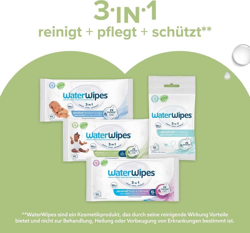WaterWipes Sensitive+ baba- és kisgyermekkori nedves törlőkendők, 720 darab (12 csomag), 3 az 1-ben tisztítás, ápolás, védelem, 99,9% víz, texturált tisztító, illatmentes