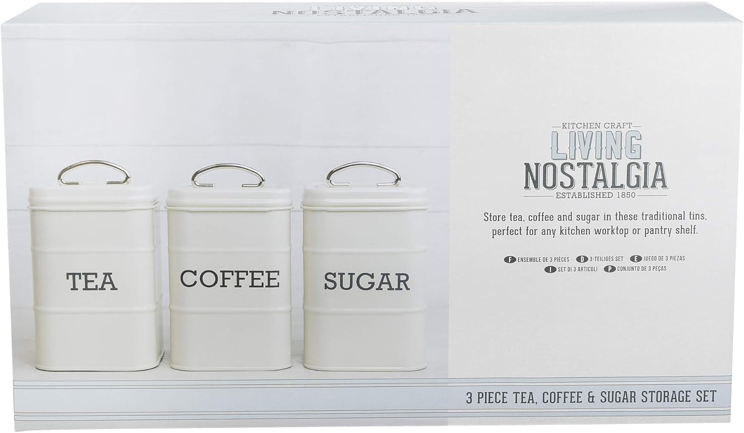 KitchenCraft Living Nostalgia set de 3 borcane de depozitare pentru ceai, zahăr și cafea, în cutie cadou, oțel, Antique Cream , 11 cm x 11 cm x 17 cm, Vintage Blue Cutii depozitare alimente Naty Shop