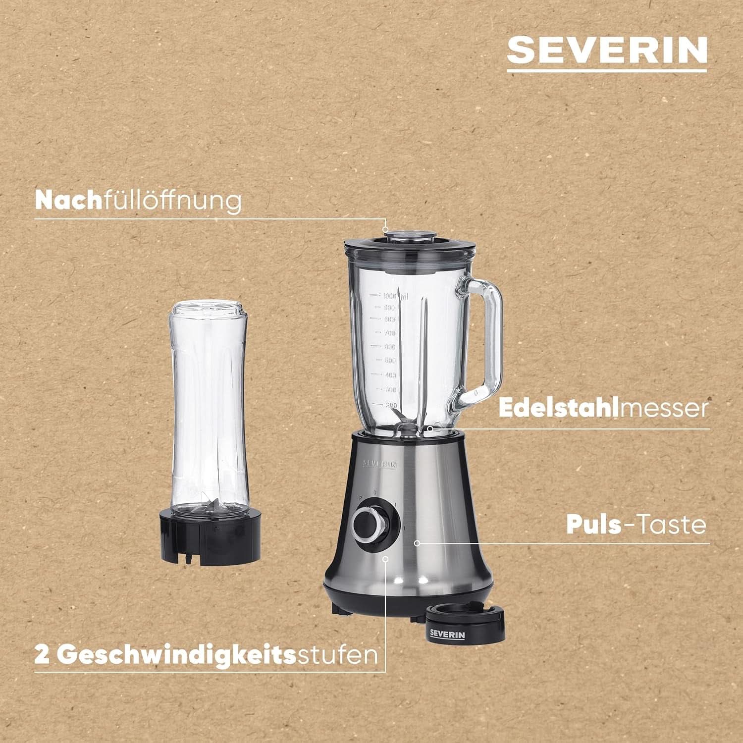 SEVERIN Multimixer, 2-In-1 Stand Mixer Und Smoothie Maker Mit 1 L Glas-Mixbehälter Und Trinkbecher, Küchenmixer Mit 2 Stufen Und Pulse-Funktion, 500 W, Edelstahl/Schwarz, SM 3737 Mama si Copilul Naty Shop