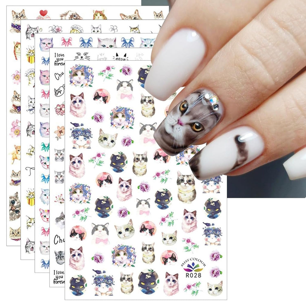 JMEOWIO Nagelsticker Tierische 8 Blatt Nail Art Sticker Selbstklebend Nagelaufkleber Katze Niedlich Dekoration Nageldesign Zubehör