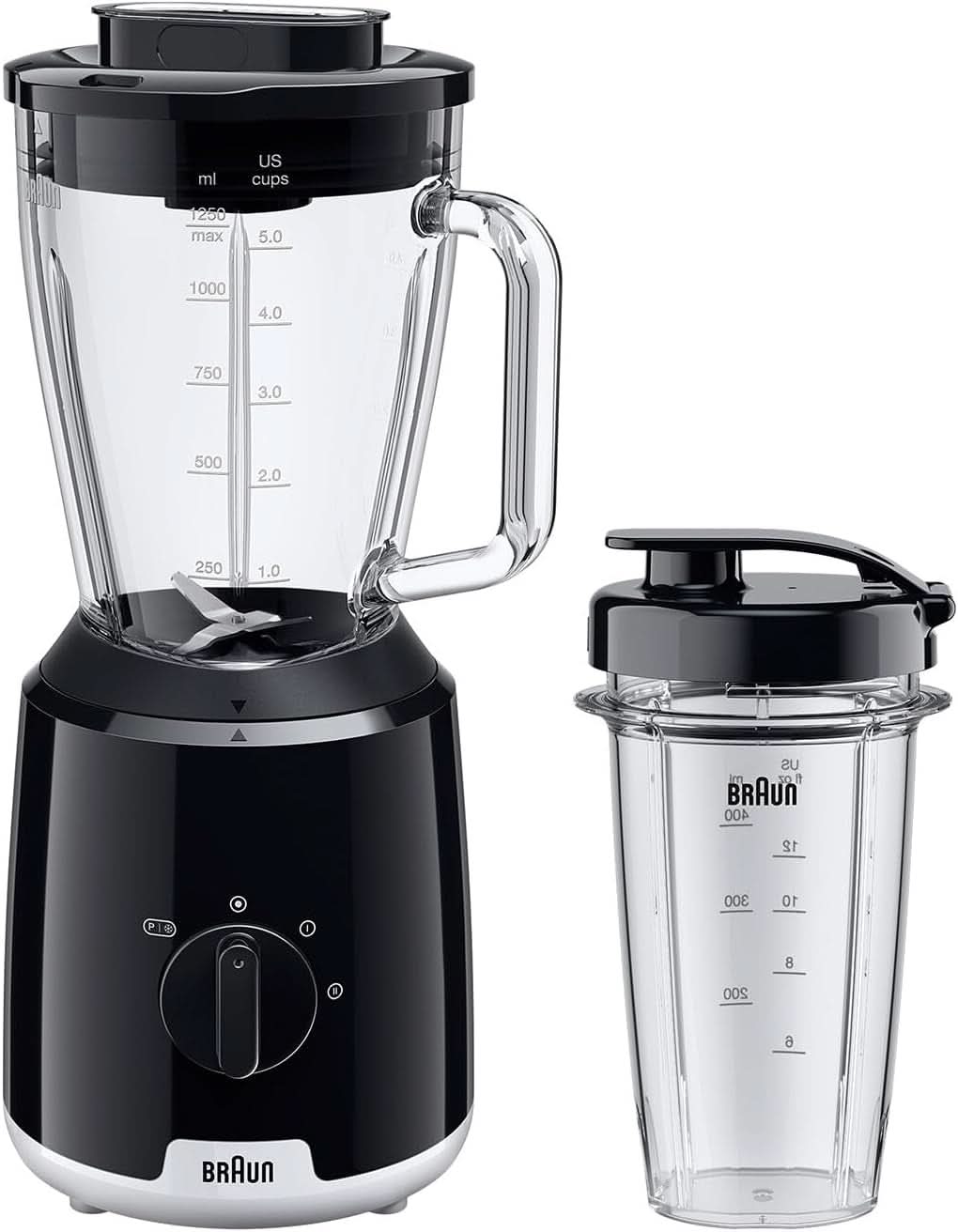 Braun Powerblend 1 JB1050WH - Állványkeverő 1,5 literes Glas-Mixaufsatz-zel, Küchenhelfer Zum Zerkleinern, Pürieren & Mixen, Ice-Crush-Funktion, 2 Geschwindigkeiten, 600 Watt, Weiß Nass-Schwarx Bucatarie Glas-Mixaufsatz
