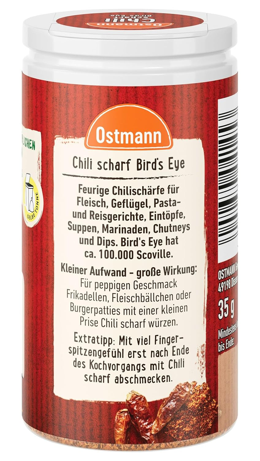 Ostmann Gewürze - Chili scharf Bird's Eye | Féurige Scharfe für Fleischgerichte und Eintöpfe | 35 g Der Streudose-ban