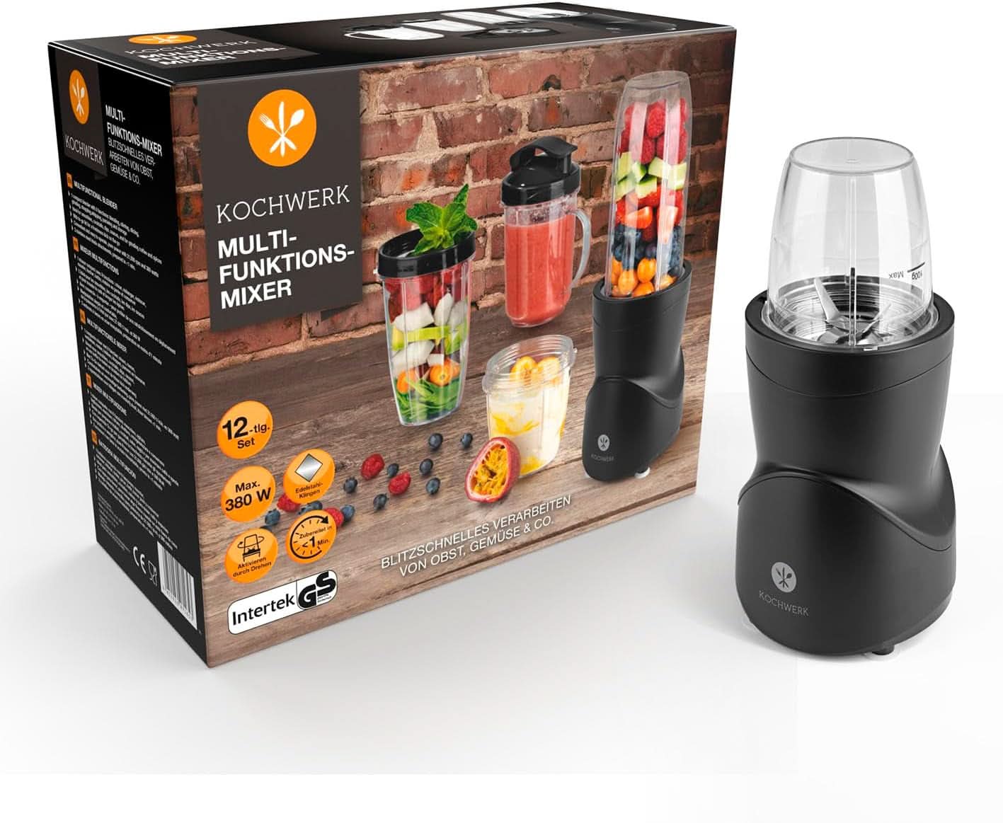 Smoothie Maker 12-Tlg | To-Go Deckel & 4 Mixbehälter | Für Obst, Gemüse & Nüsse | Mítosz Ice-Crush Funkció | Mini-állványkeverő Zum Mixen, Rühren, Zerkleinern, Mahlen, Hacken és Pürieren | BPA-mentes Kitchen Naty Shop